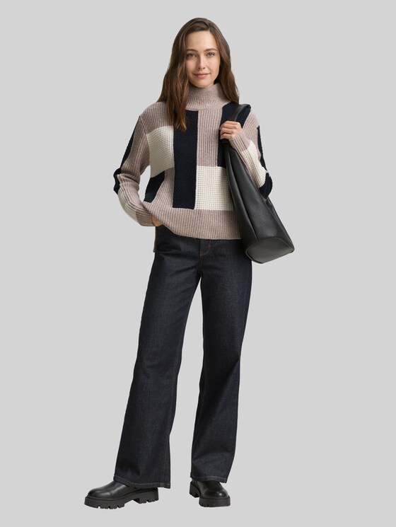 Loose fit knitted jumper with colour blocking - taupe structured colorblock