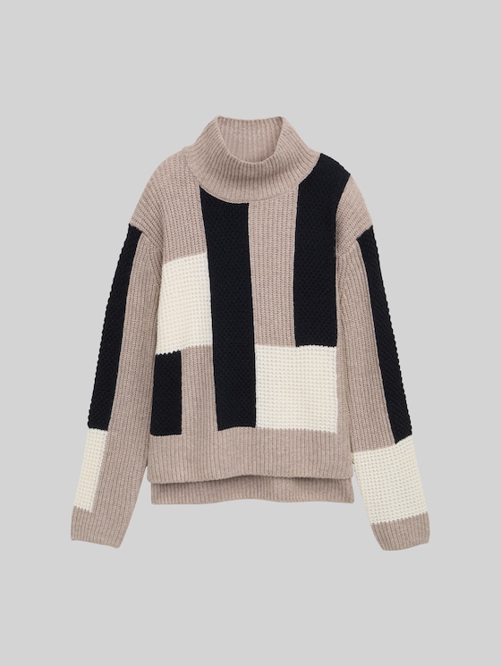 Loose fit knitted jumper with colour blocking - taupe structured colorblock