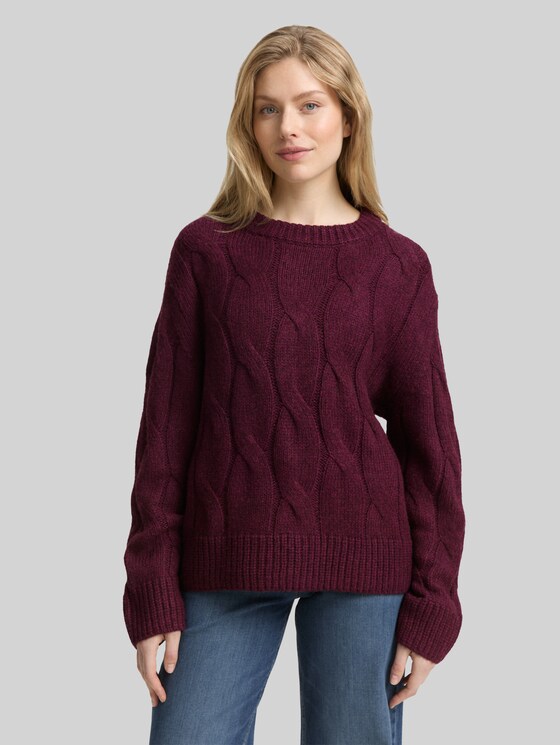 Loose fit knitted jumper with cable pattern - Dark Red Mélange