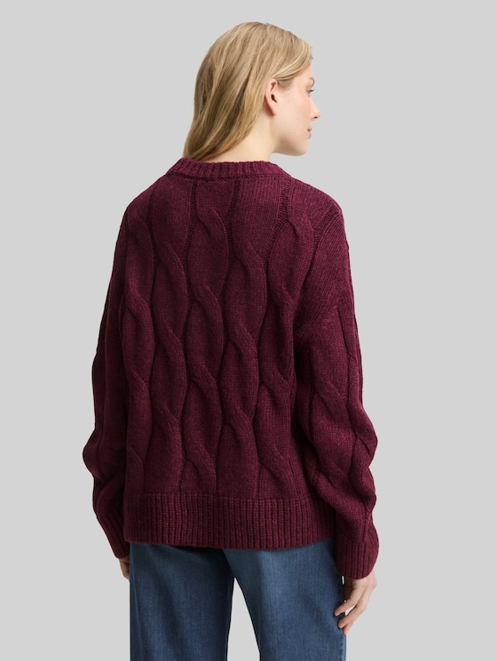 Loose fit knitted jumper with cable pattern - Dark Red Mélange