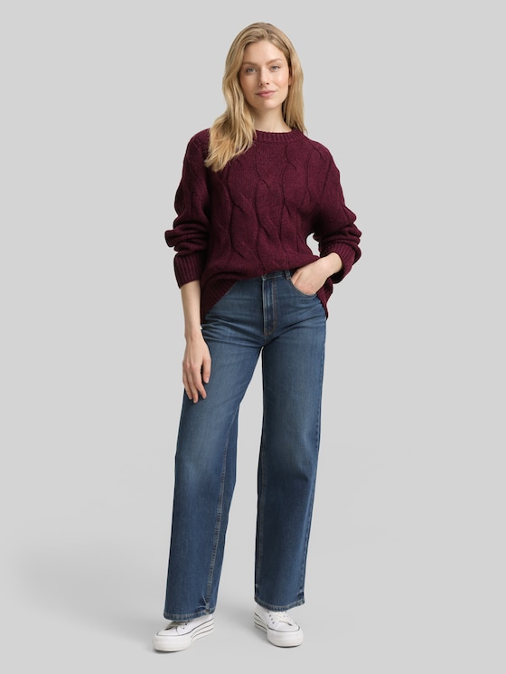Loose fit knitted jumper with cable pattern - Dark Red Mélange