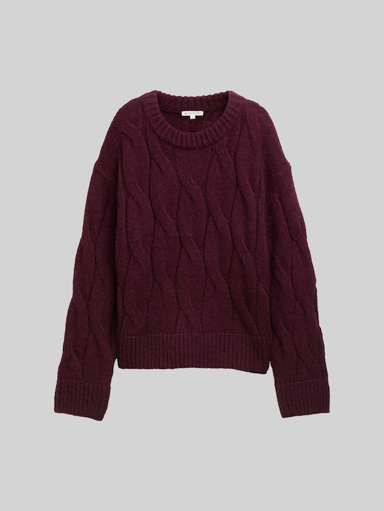 Loose fit knitted jumper with cable pattern - Dark Red Mélange