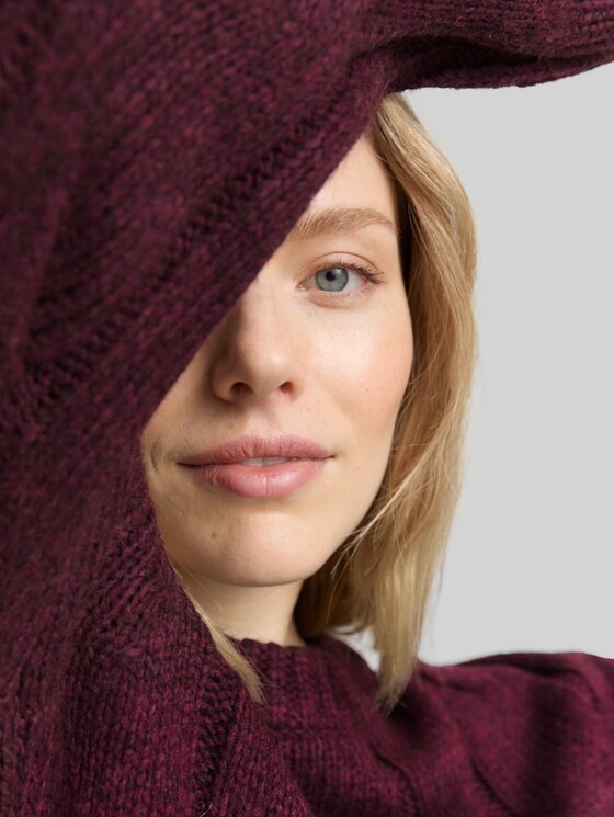 Loose fit knitted jumper with cable pattern - Dark Red Mélange