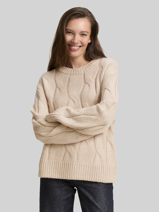 Loose fit knitted jumper with cable pattern - soft taupe melange