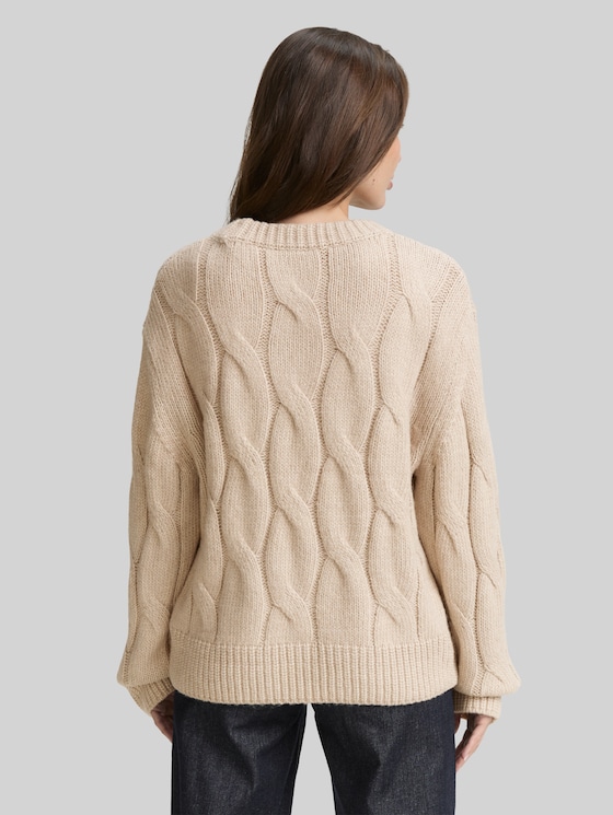 Loose fit knitted jumper with cable pattern - soft taupe melange