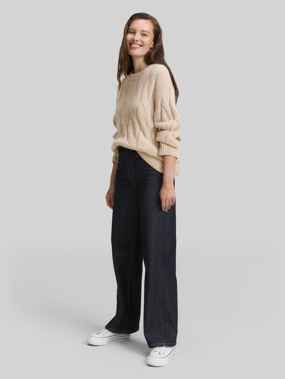 Loose fit knitted jumper with cable pattern - soft taupe melange