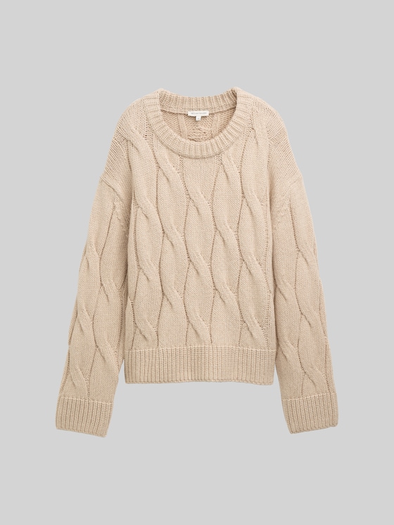 Loose fit knitted jumper with cable pattern - soft taupe melange