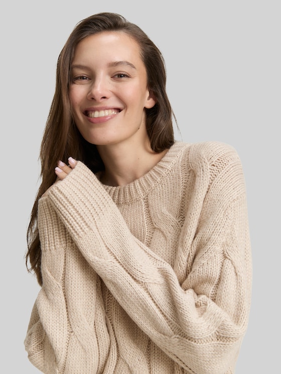 Loose fit knitted jumper with cable pattern - soft taupe melange