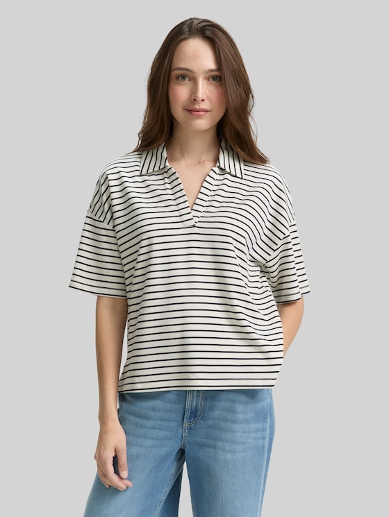 Boxy fit T-shirt with polo collar - offwhite navy tee stripe
