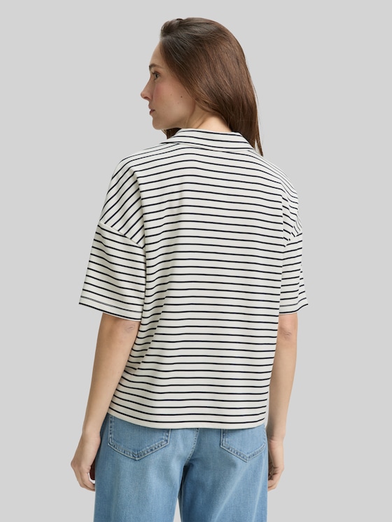 Boxy fit T-shirt with polo collar - offwhite navy tee stripe