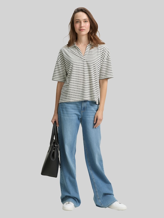 Boxy fit T-shirt with polo collar - offwhite navy tee stripe