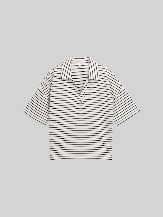 Boxy fit T-shirt with polo collar - offwhite navy tee stripe
