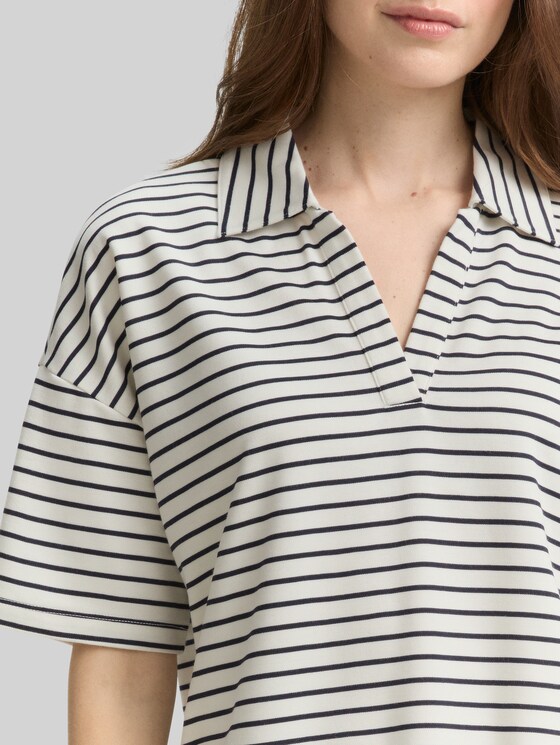 Boxy fit T-shirt with polo collar - offwhite navy tee stripe