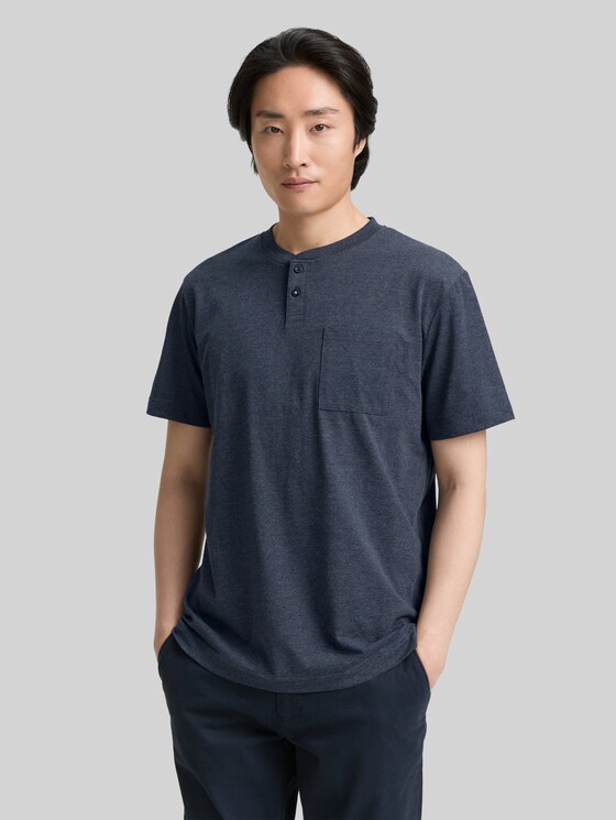 Henley T-shirt with breast pocket - sky captain blue white melange