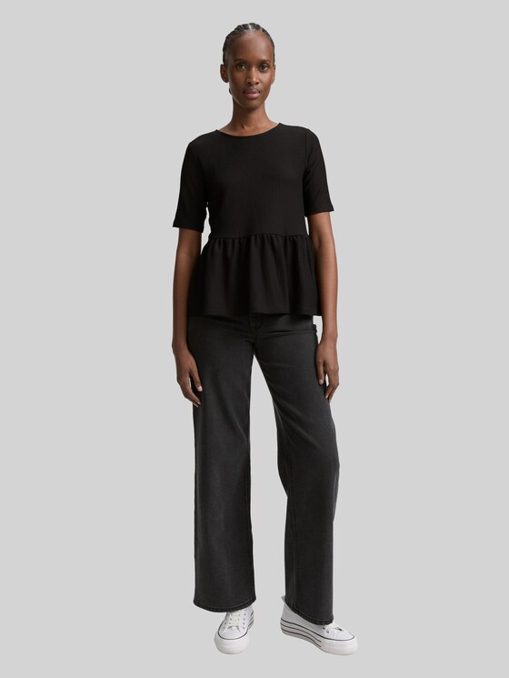 Jacquard T-shirt with peplum - deep black