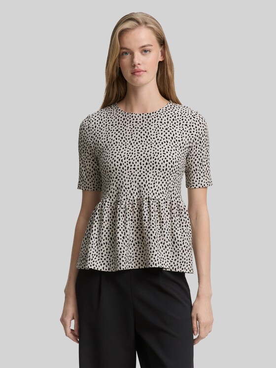 Jacquard T-shirt with peplum - beige black dotted print