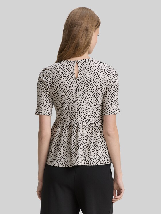 Jacquard T-shirt with peplum - beige black dotted print