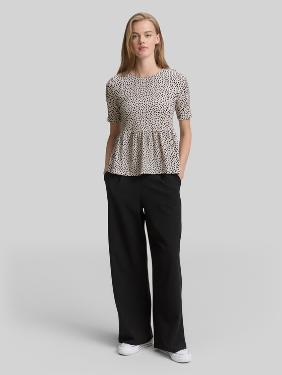 Jacquard T-shirt with peplum - beige black dotted print