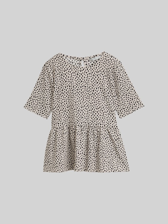 Jacquard T-shirt with peplum - beige black dotted print
