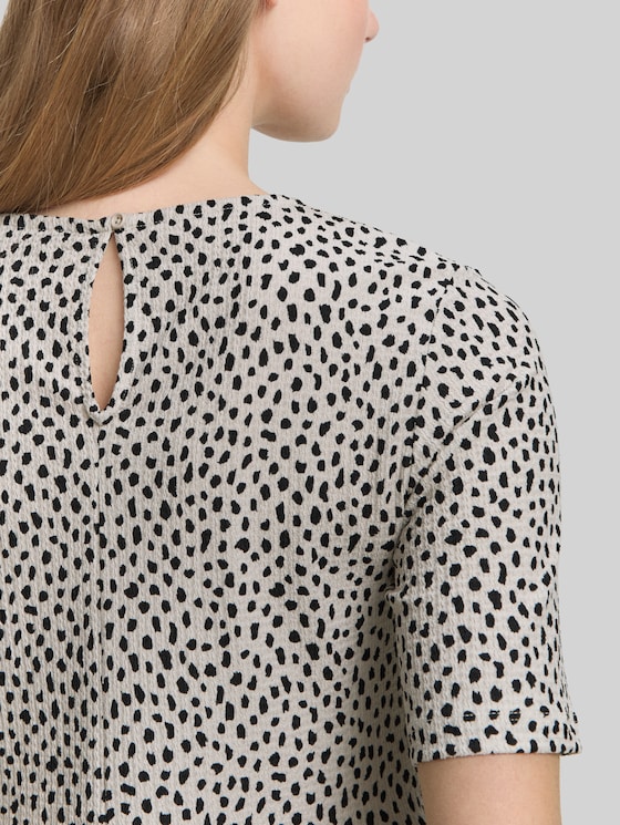 Jacquard T-shirt with peplum - beige black dotted print