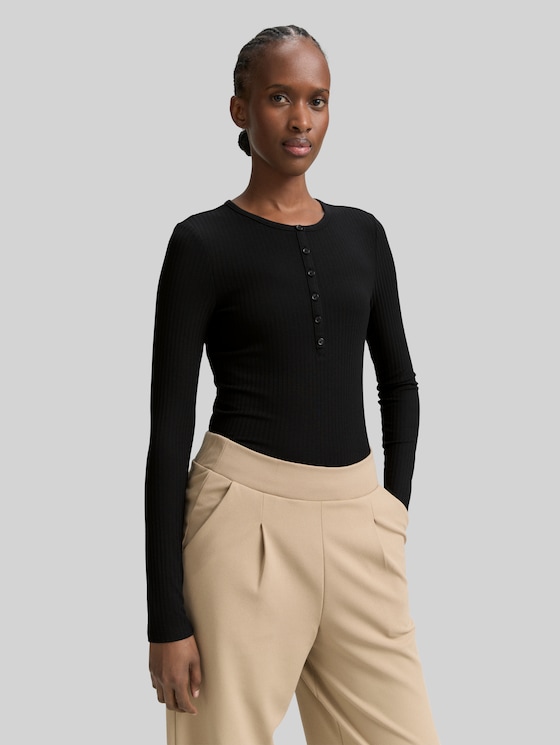 Ribbed Henley long sleeve shirt - deep black