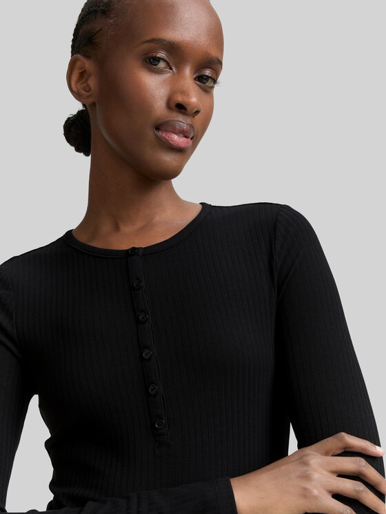 Ribbed Henley long sleeve shirt - deep black