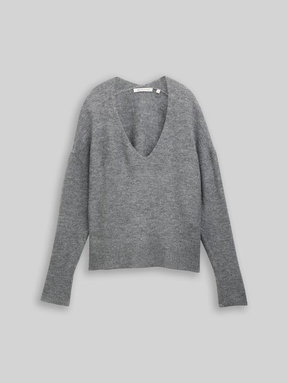 Relaxed fit knitted jumper with V-neck - Stormy Gray Melange