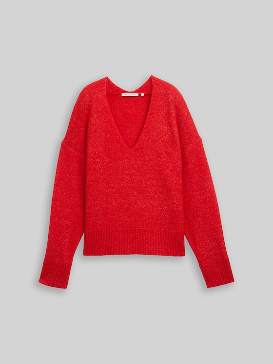 Relaxed fit knitted jumper with V-neck - brilliant red