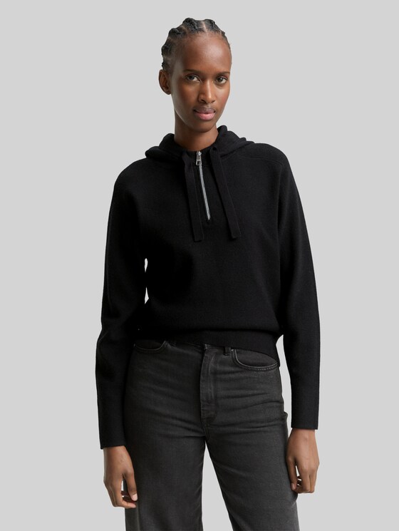 Hoodie knitted jumper with zip - deep black