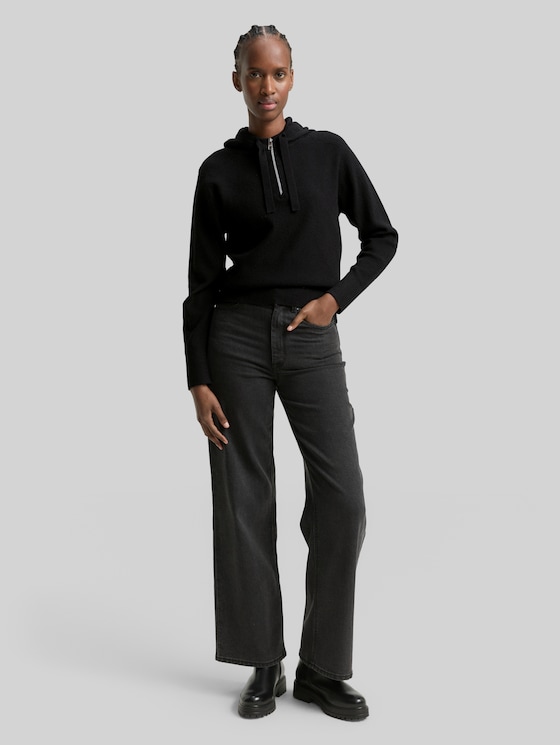 Hoodie knitted jumper with zip - deep black