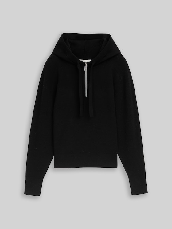 Hoodie knitted jumper with zip - deep black