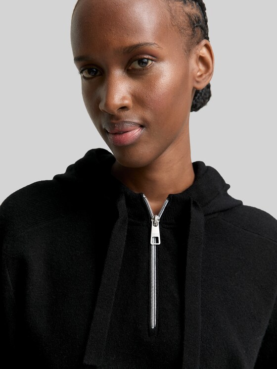 Hoodie knitted jumper with zip - deep black