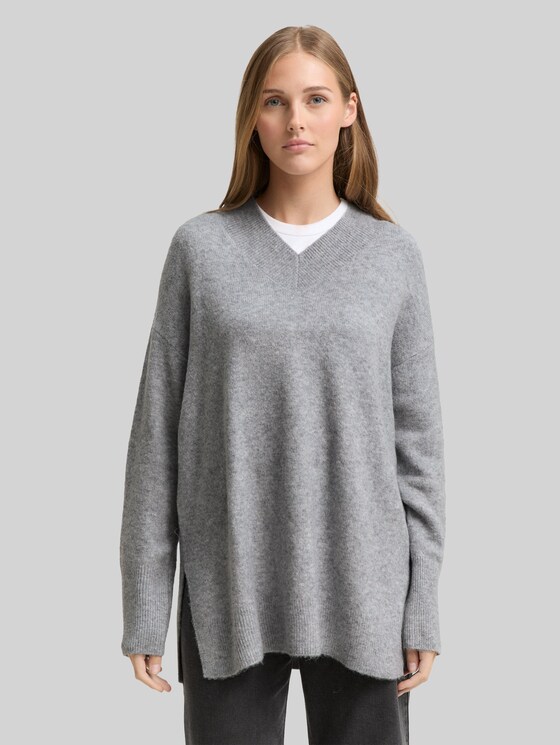 Longstyle knitted jumper with V-neckline - Cement Grey Mélange