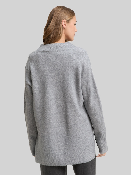 Longstyle knitted jumper with V-neckline - Cement Grey Mélange