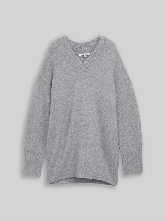Longstyle knitted jumper with V-neckline - Cement Grey Mélange