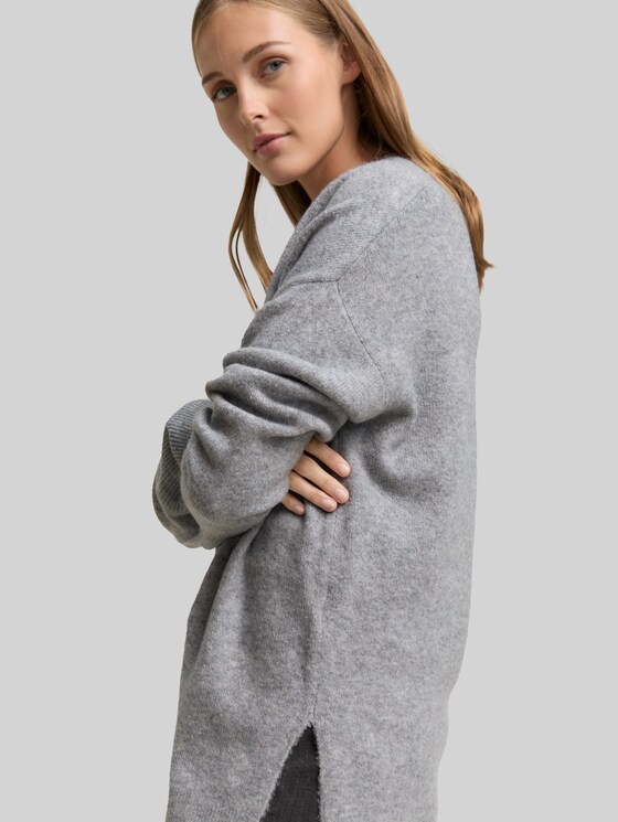 Longstyle knitted jumper with V-neckline - Cement Grey Mélange