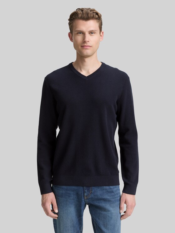 Knitted jumper with V-neck made from organic cotton - Knitted Navy Melange