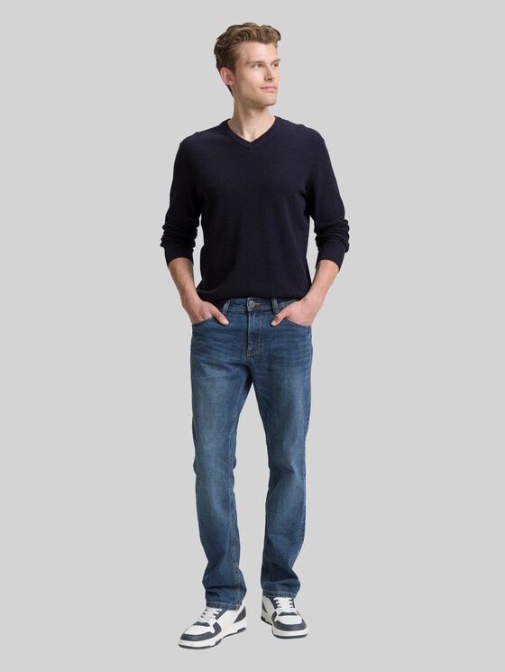 Knitted jumper with V-neck made from organic cotton - Knitted Navy Melange