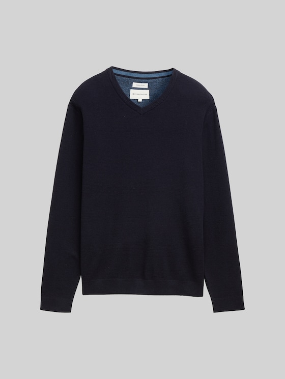 Knitted jumper with V-neck made from organic cotton - Knitted Navy Melange