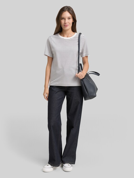 Cotton T-shirt - offwhite navy thin stripe