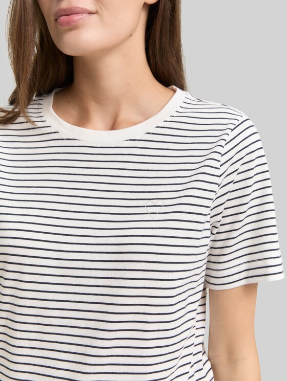 Cotton T-shirt - offwhite navy thin stripe