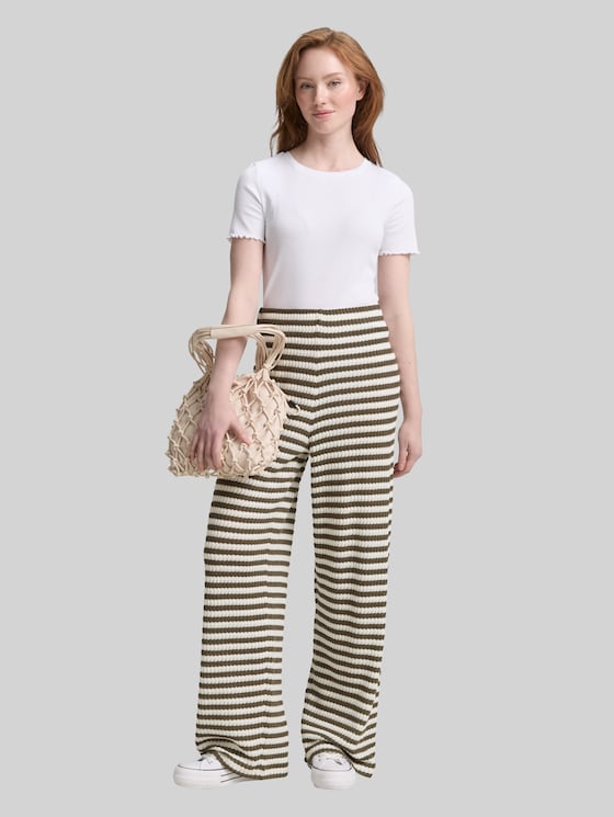 Wide-leg knitted trousers - olive white stripe