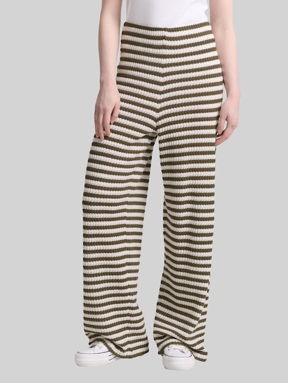 Wide-leg knitted trousers - olive white stripe