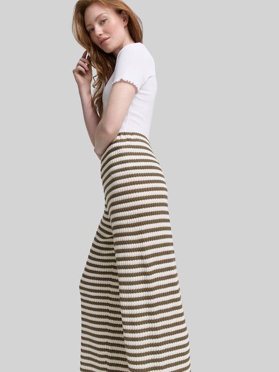 Wide-leg knitted trousers - olive white stripe