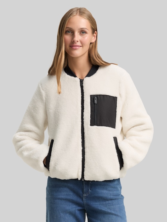 Teddy jacket with bomber collar - light cream beige