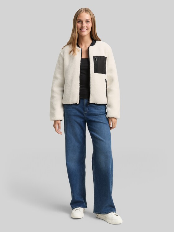 Teddy jacket with bomber collar - light cream beige