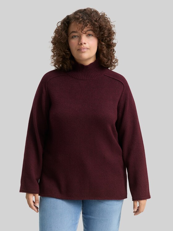 Plus Size - Loose fit knitted jumper with stand-up collar - Dark Red Mélange