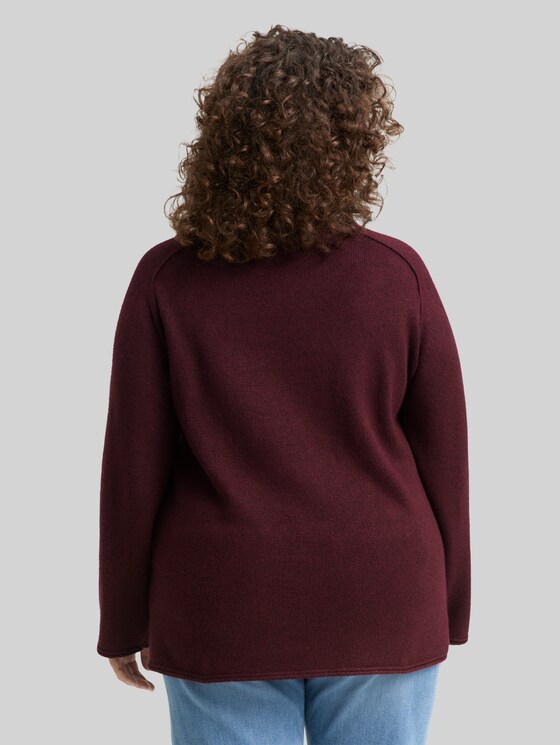 Plus Size - Loose fit knitted jumper with stand-up collar - Dark Red Mélange