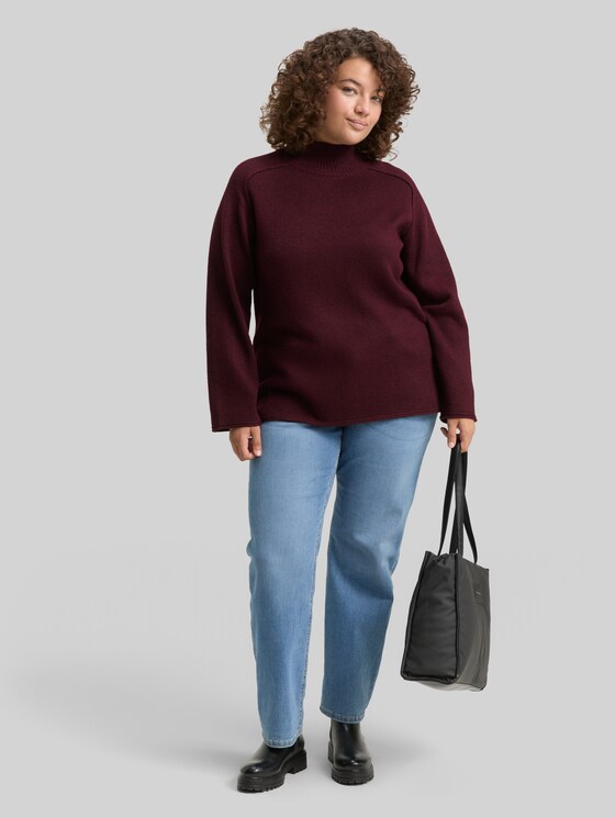 Plus Size - Loose fit knitted jumper with stand-up collar - Dark Red Mélange
