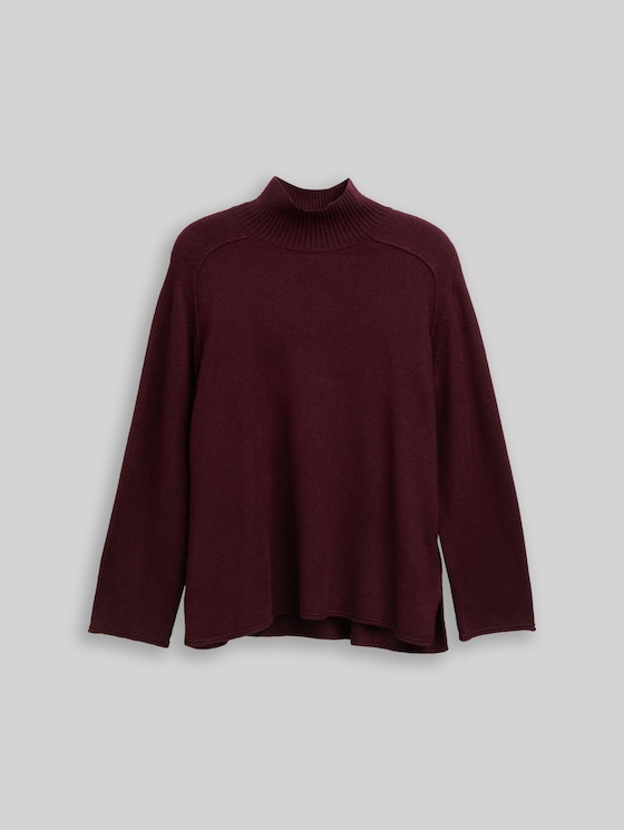 Plus Size - Loose fit knitted jumper with stand-up collar - Dark Red Mélange